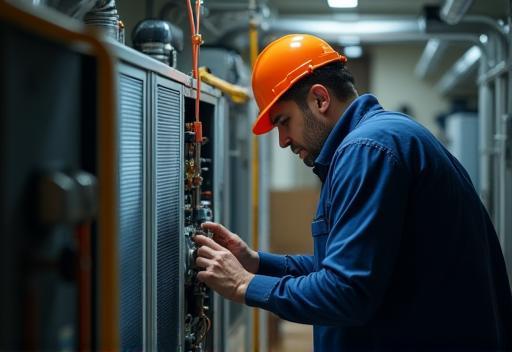 Technician repairing residential AC unit